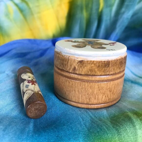 Vintage Wooden Hand-painted Teddy Bear Small Round Trinket Holder And Vial - Picture 3 of 13